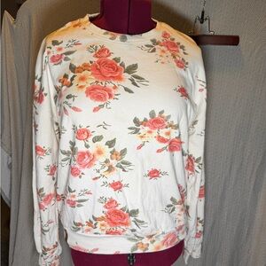 AMPERSAND AVE Cream Floral Sweatshirt with Coral and Green Accents